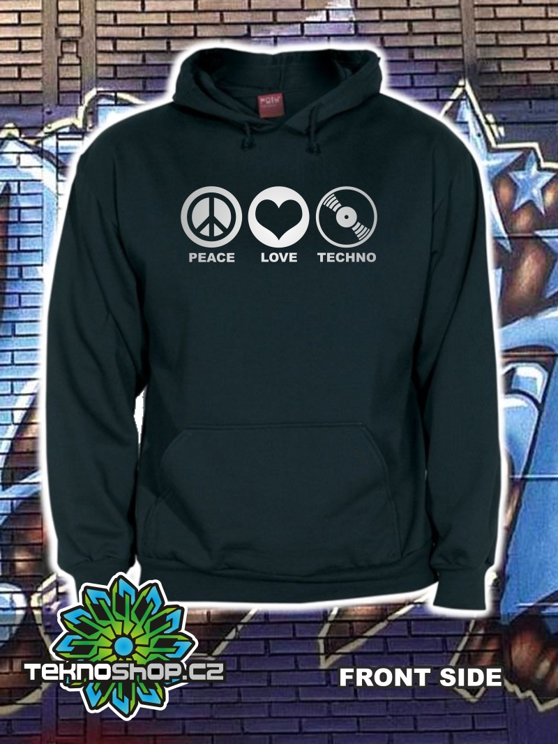 TEKNOSHOP PEACE LOVE TECHNO tekno mikina s kapucí s potiskem XXL černá
