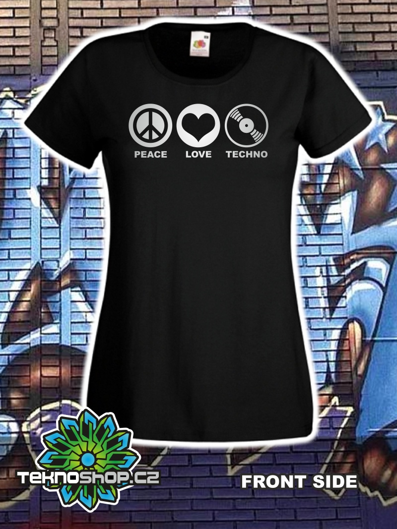 TEKNOSHOP PEACE LOVE TECHNO tekno tričko s potiskem dámské S červené