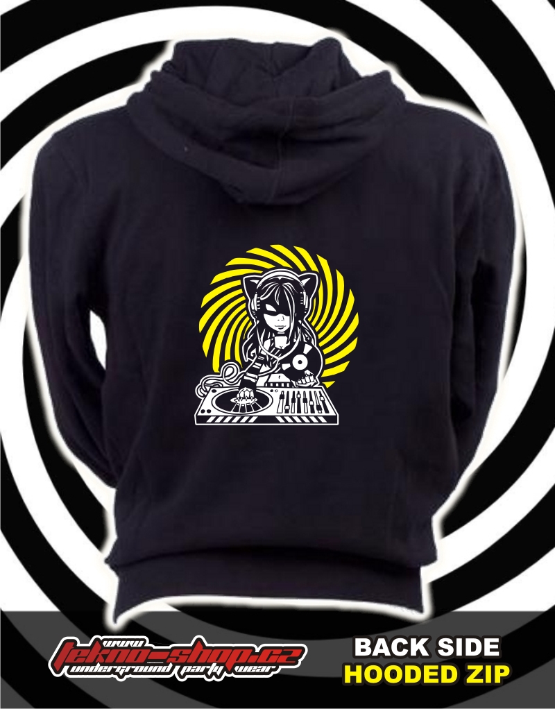 TEKNOSHOP Spiral Cat Dj tekno mikina na zip s kapucí s potiskem i zepředu M černá