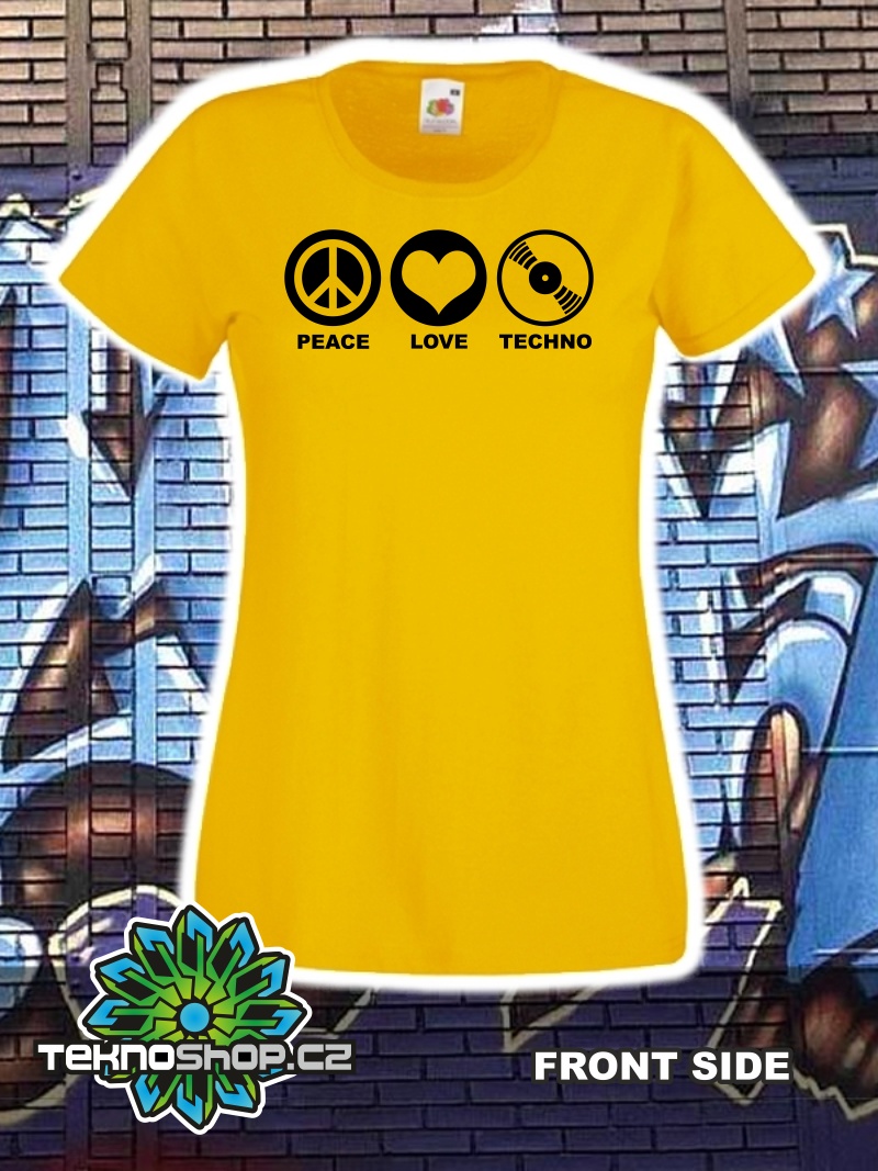 TEKNOSHOP PEACE LOVE TECHNO tekno tričko s potiskem dámské S červené