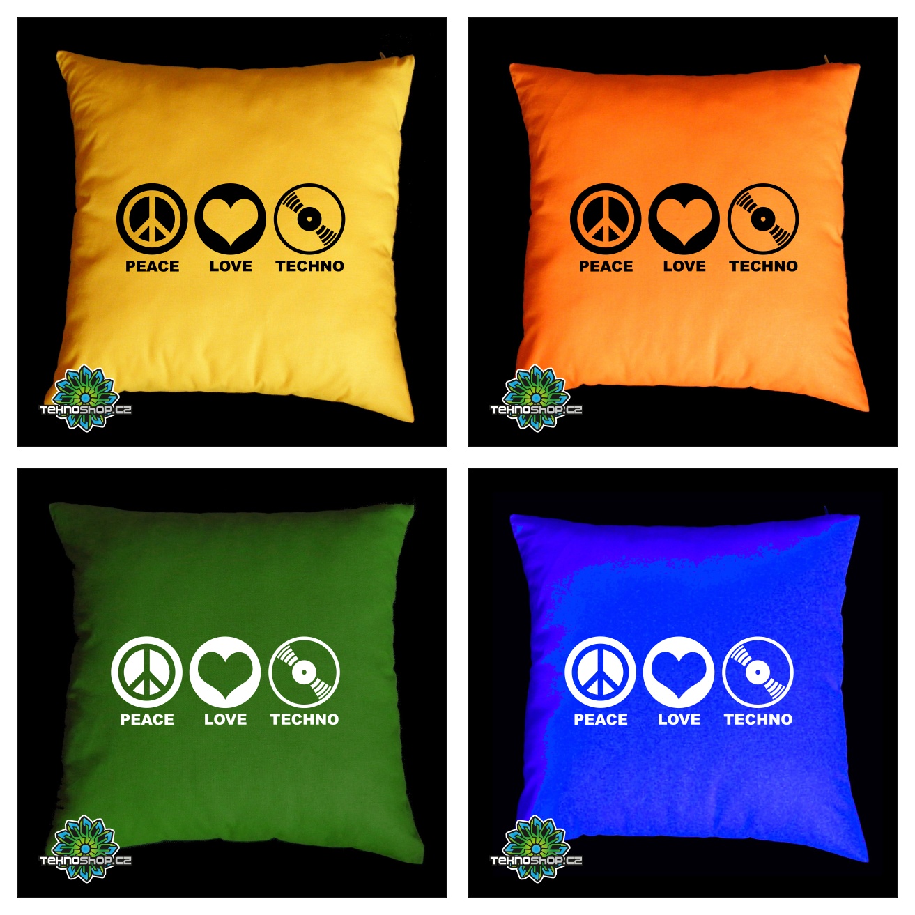 TEKNOSHOP PEACE LOVE TECHNO tekno polštářek s potiskem modrý
